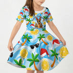 Aussie Christmas In Summer Kid Short Sleeve Dress Surfing Santa And Kangaroo - Tropical Cartoon Beach