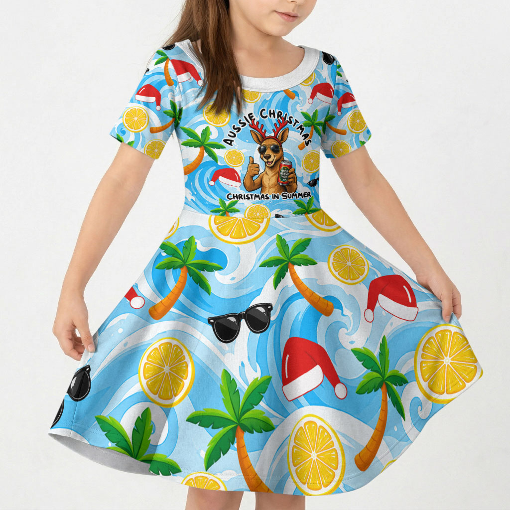 Aussie Christmas In Summer Kid Short Sleeve Dress Surfing Santa And Kangaroo - Tropical Cartoon Beach