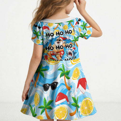Aussie Christmas In Summer Kid Short Sleeve Dress Surfing Santa And Kangaroo - Tropical Cartoon Beach