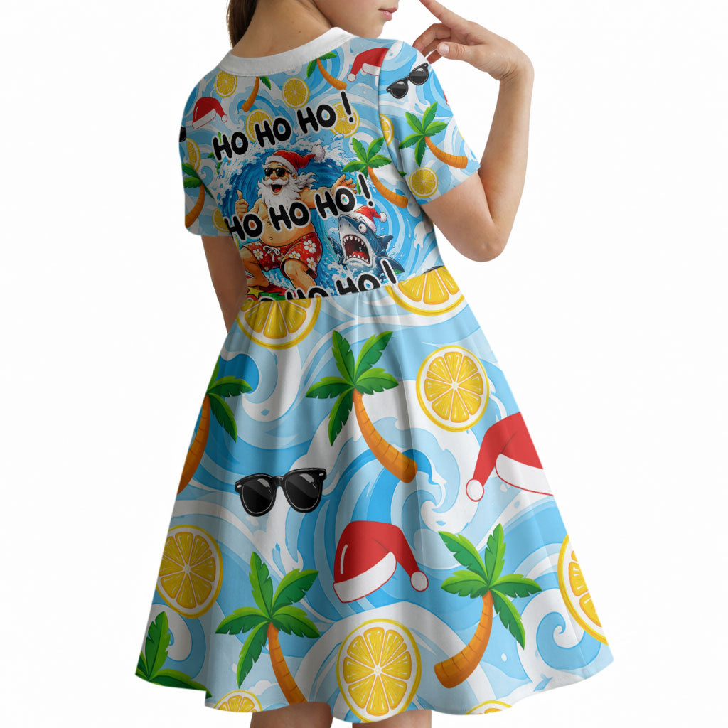 Aussie Christmas In Summer Kid Short Sleeve Dress Surfing Santa And Kangaroo - Tropical Cartoon Beach
