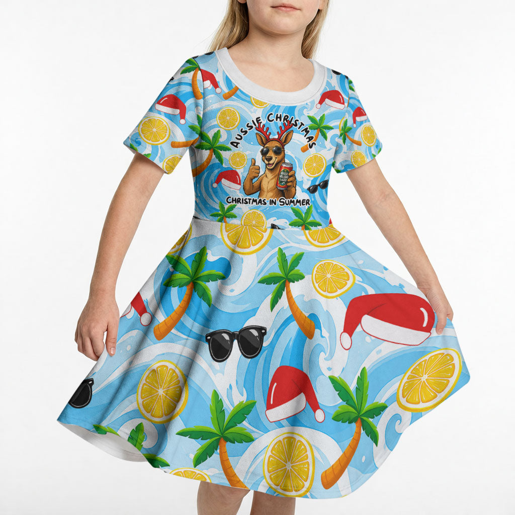 Aussie Christmas In Summer Kid Short Sleeve Dress Surfing Santa And Kangaroo - Tropical Cartoon Beach