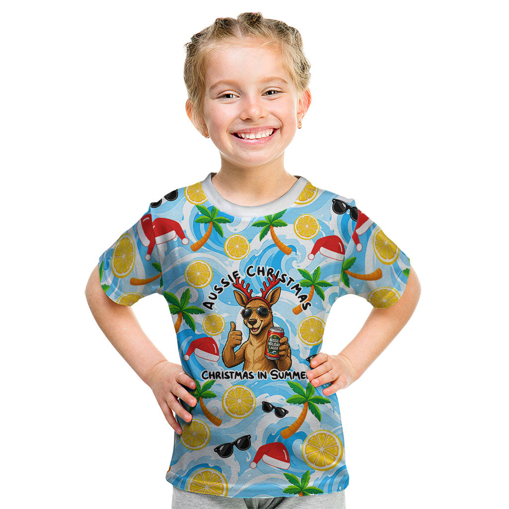 Aussie Christmas In Summer Kid T Shirt Surfing Santa And Kangaroo - Tropical Cartoon Beach