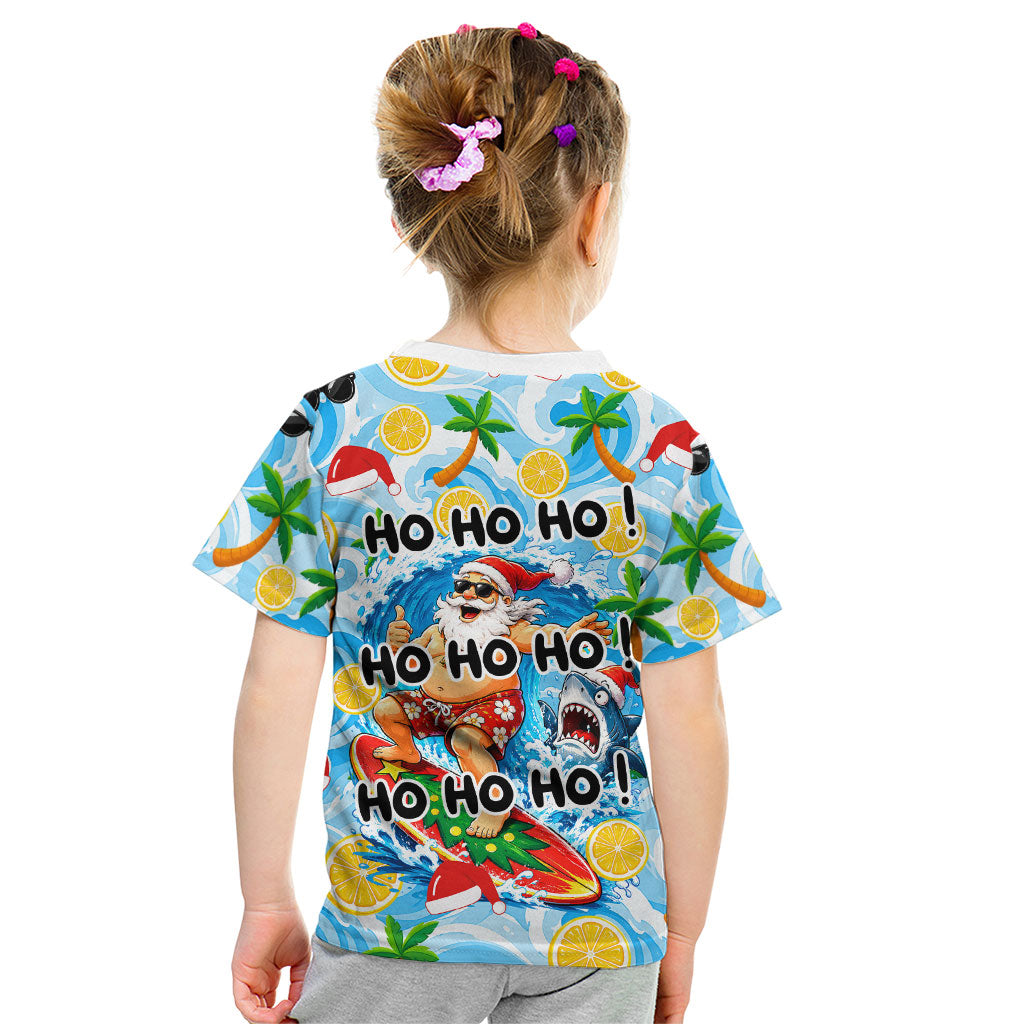 Aussie Christmas In Summer Kid T Shirt Surfing Santa And Kangaroo - Tropical Cartoon Beach