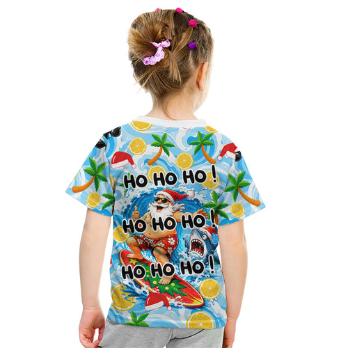Aussie Christmas In Summer Kid T Shirt Surfing Santa And Kangaroo - Tropical Cartoon Beach