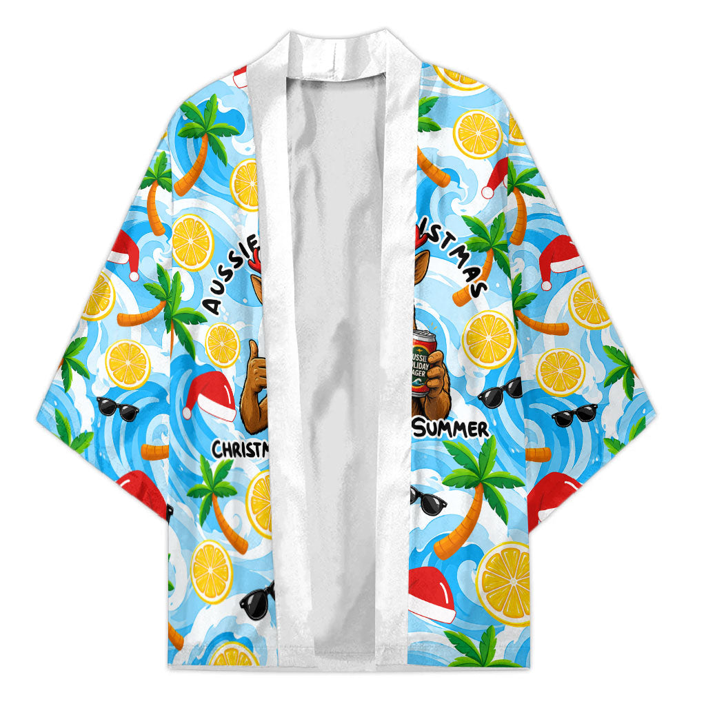 Aussie Christmas In Summer Kimono Surfing Santa And Kangaroo - Tropical Cartoon Beach