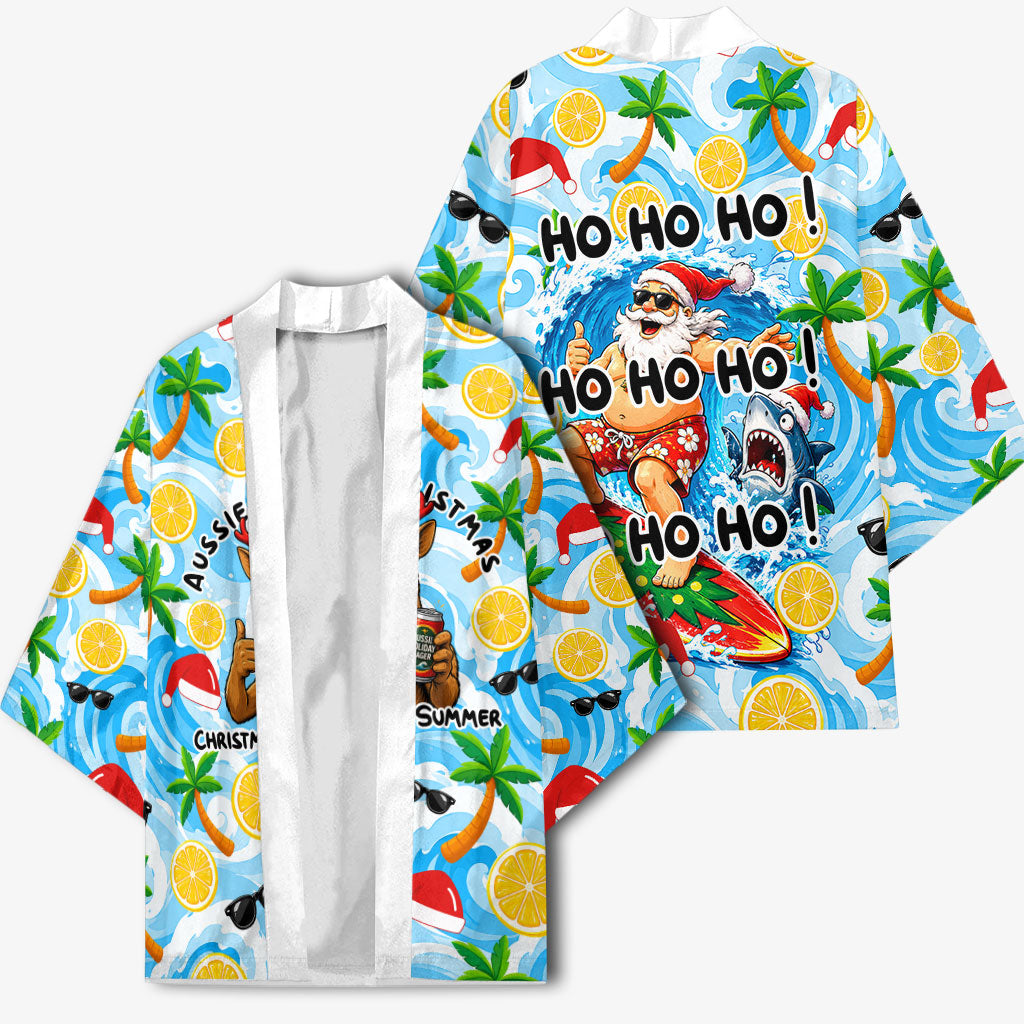Aussie Christmas In Summer Kimono Surfing Santa And Kangaroo - Tropical Cartoon Beach