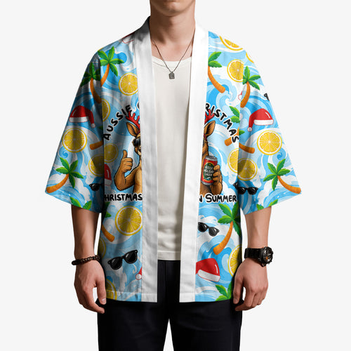 Aussie Christmas In Summer Kimono Surfing Santa And Kangaroo - Tropical Cartoon Beach