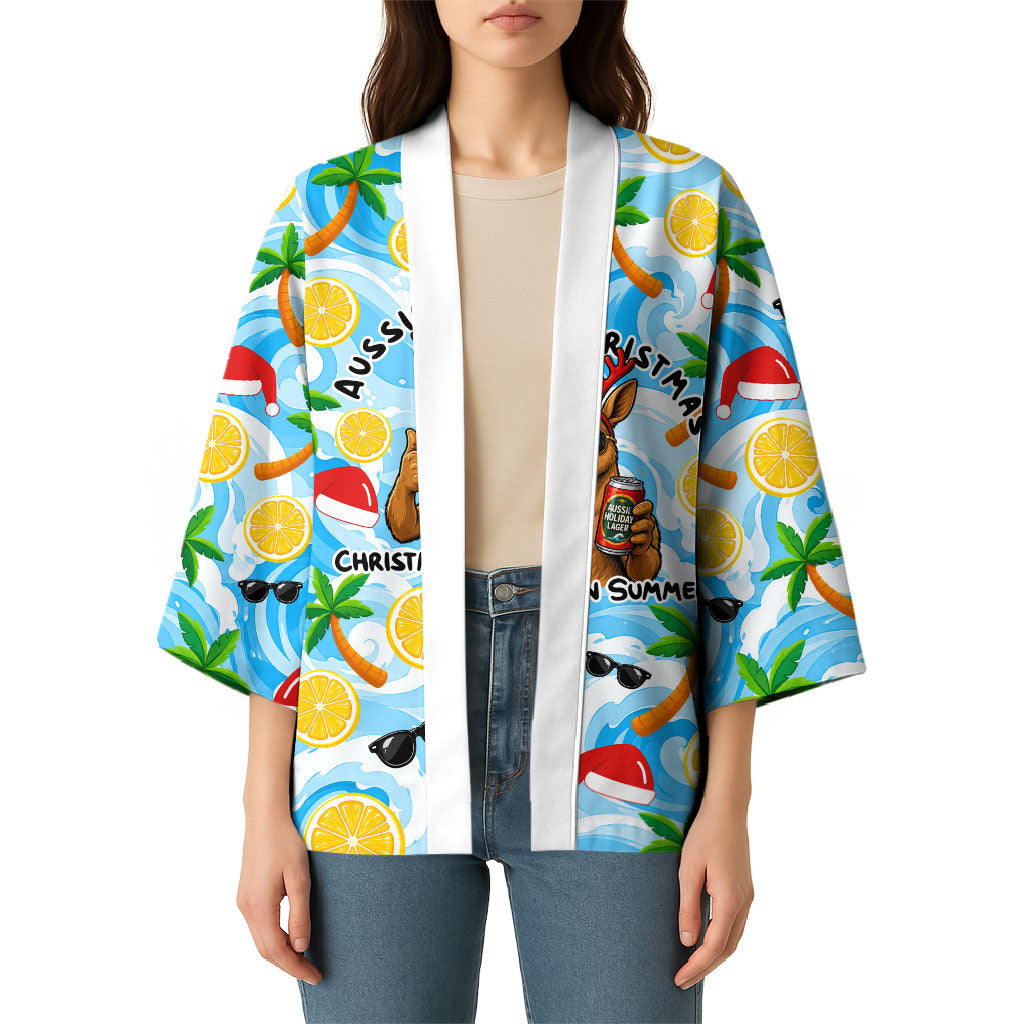 Aussie Christmas In Summer Kimono Surfing Santa And Kangaroo - Tropical Cartoon Beach