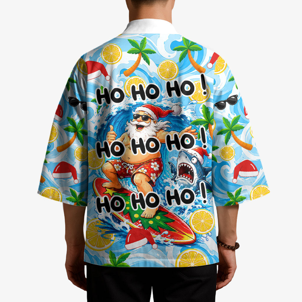 Aussie Christmas In Summer Kimono Surfing Santa And Kangaroo - Tropical Cartoon Beach