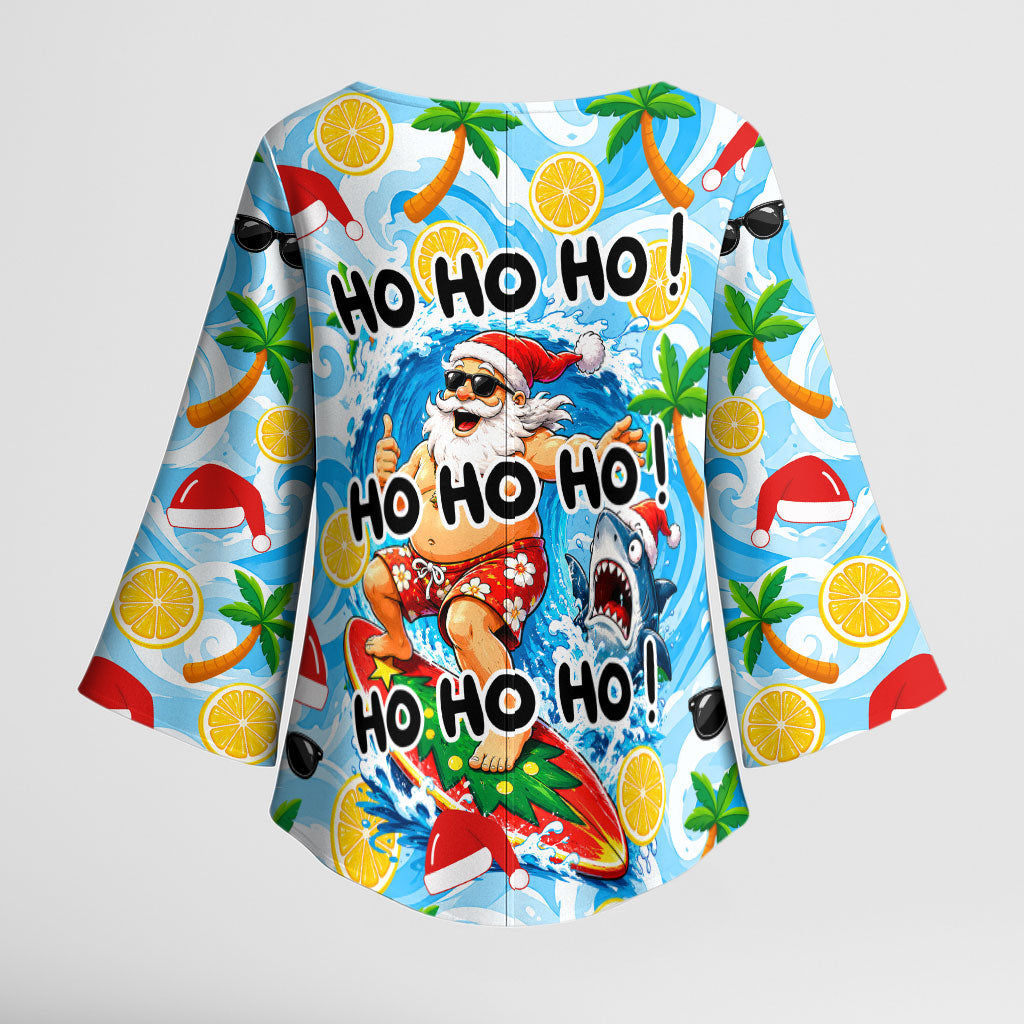 Aussie Christmas In Summer Kimono Sleeve Blouse Surfing Santa And Kangaroo - Tropical Cartoon Beach