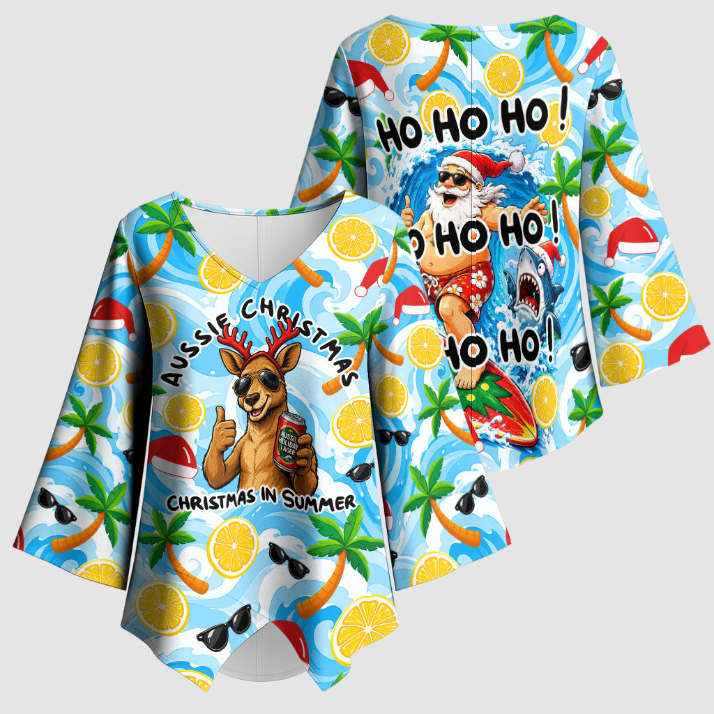 Aussie Christmas In Summer Kimono Sleeve Blouse Surfing Santa And Kangaroo - Tropical Cartoon Beach