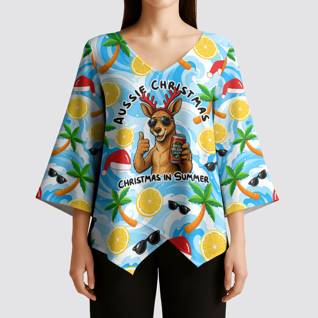 Aussie Christmas In Summer Kimono Sleeve Blouse Surfing Santa And Kangaroo - Tropical Cartoon Beach