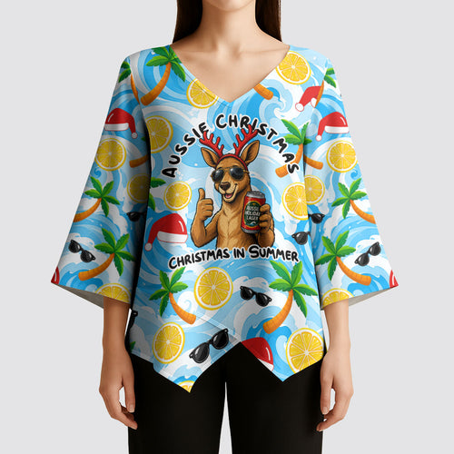 Aussie Christmas In Summer Kimono Sleeve Blouse Surfing Santa And Kangaroo - Tropical Cartoon Beach