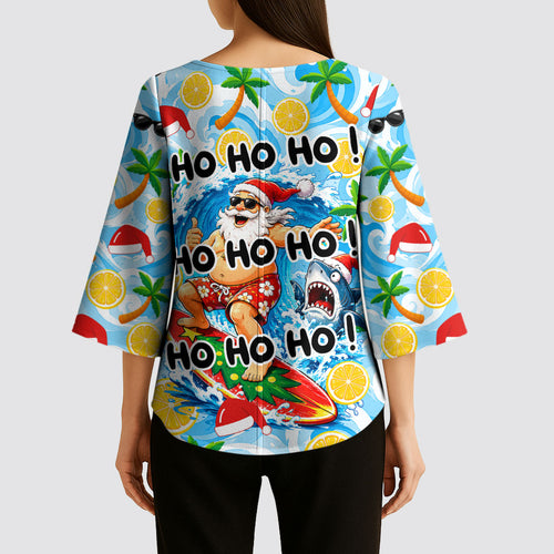 Aussie Christmas In Summer Kimono Sleeve Blouse Surfing Santa And Kangaroo - Tropical Cartoon Beach