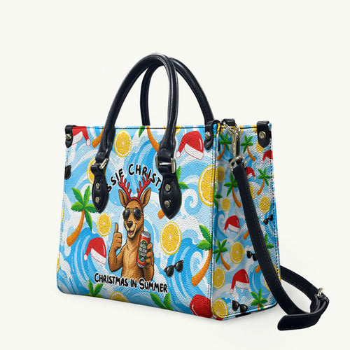 Aussie Christmas In Summer Leather Bag Surfing Santa And Kangaroo - Tropical Cartoon Beach