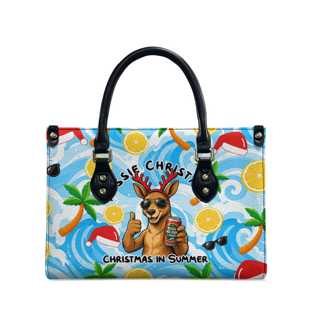 Aussie Christmas In Summer Leather Bag Surfing Santa And Kangaroo - Tropical Cartoon Beach