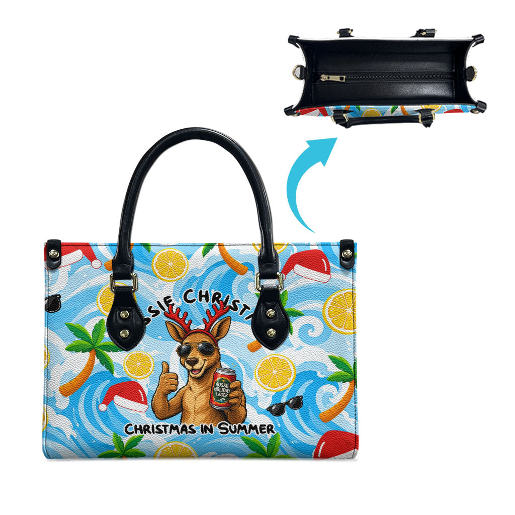 Aussie Christmas In Summer Leather Bag Surfing Santa And Kangaroo - Tropical Cartoon Beach