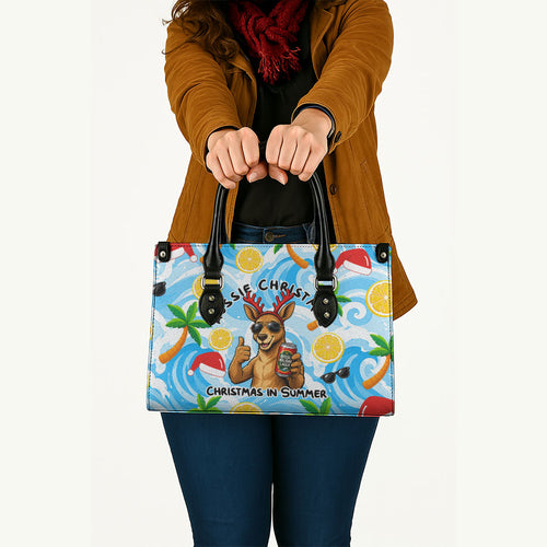 Aussie Christmas In Summer Leather Bag Surfing Santa And Kangaroo - Tropical Cartoon Beach