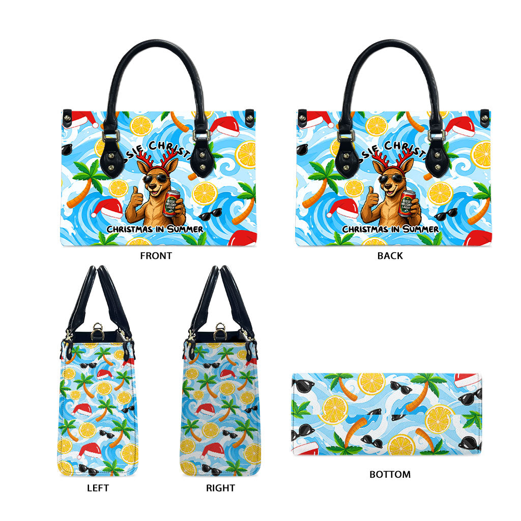 Aussie Christmas In Summer Leather Bag Surfing Santa And Kangaroo - Tropical Cartoon Beach