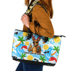 Aussie Christmas In Summer Leather Tote Bag Surfing Santa And Kangaroo - Tropical Cartoon Beach