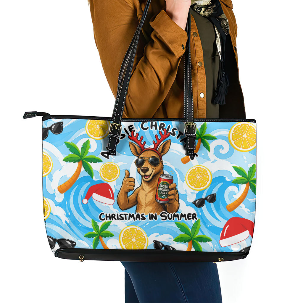 Aussie Christmas In Summer Leather Tote Bag Surfing Santa And Kangaroo - Tropical Cartoon Beach