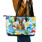 Aussie Christmas In Summer Leather Tote Bag Surfing Santa And Kangaroo - Tropical Cartoon Beach