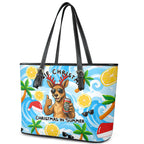 Aussie Christmas In Summer Leather Tote Bag Surfing Santa And Kangaroo - Tropical Cartoon Beach