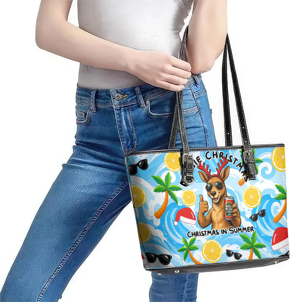 Aussie Christmas In Summer Leather Tote Bag Surfing Santa And Kangaroo - Tropical Cartoon Beach