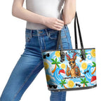 Aussie Christmas In Summer Leather Tote Bag Surfing Santa And Kangaroo - Tropical Cartoon Beach