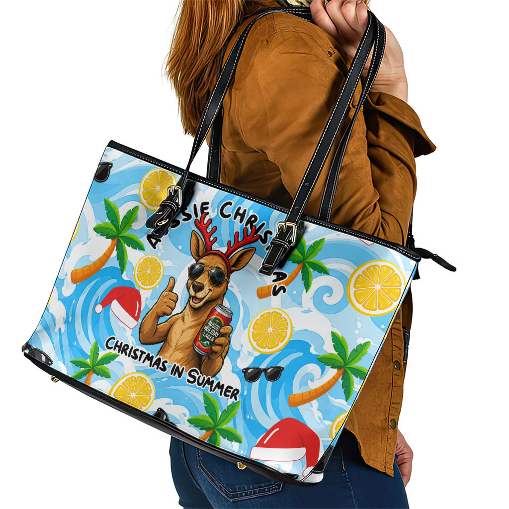 Aussie Christmas In Summer Leather Tote Bag Surfing Santa And Kangaroo - Tropical Cartoon Beach