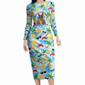 Aussie Christmas In Summer Long Sleeve Bodycon Dress Surfing Santa And Kangaroo - Tropical Cartoon Beach