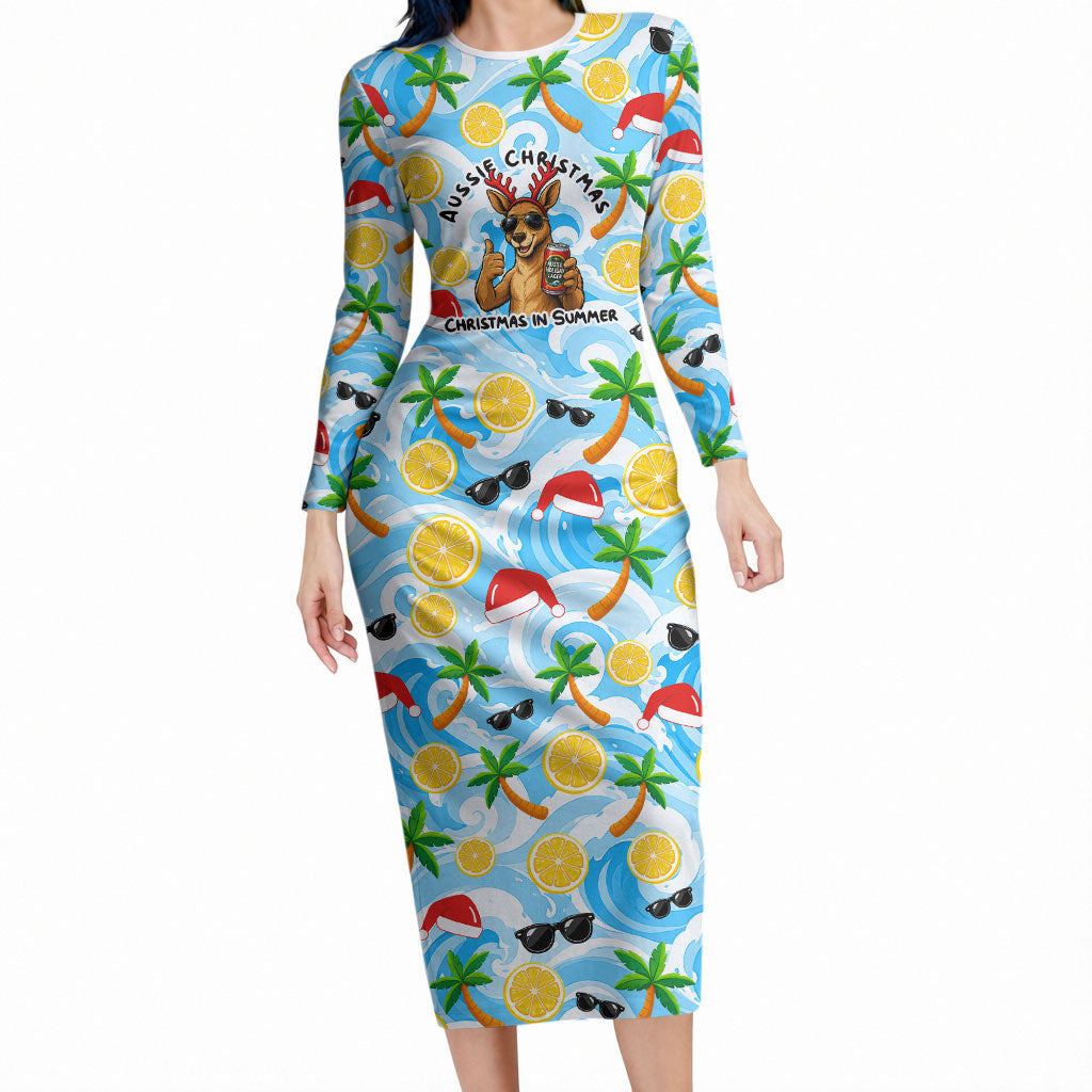 Aussie Christmas In Summer Long Sleeve Bodycon Dress Surfing Santa And Kangaroo - Tropical Cartoon Beach