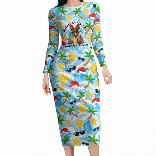 Aussie Christmas In Summer Long Sleeve Bodycon Dress Surfing Santa And Kangaroo - Tropical Cartoon Beach