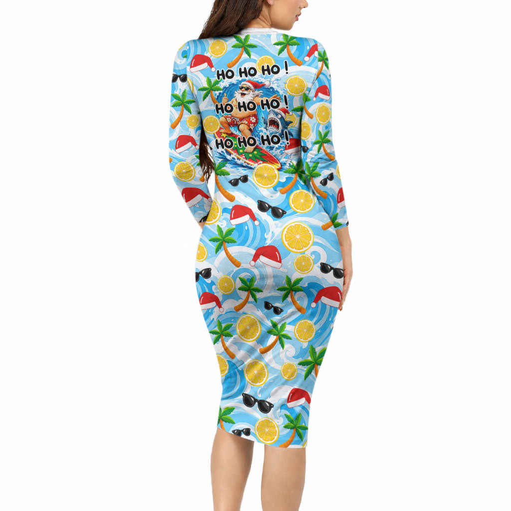 Aussie Christmas In Summer Long Sleeve Bodycon Dress Surfing Santa And Kangaroo - Tropical Cartoon Beach