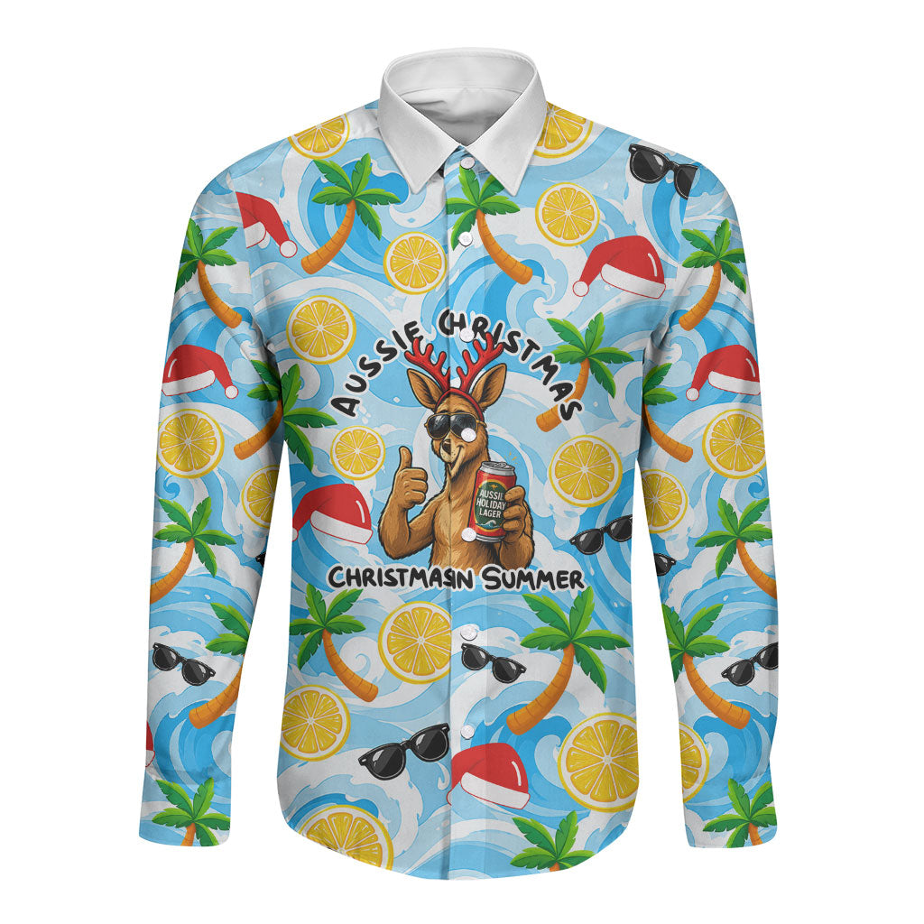 Aussie Christmas In Summer Long Sleeve Button Shirt Surfing Santa And Kangaroo - Tropical Cartoon Beach