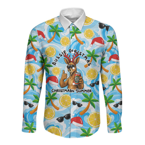Aussie Christmas In Summer Long Sleeve Button Shirt Surfing Santa And Kangaroo - Tropical Cartoon Beach