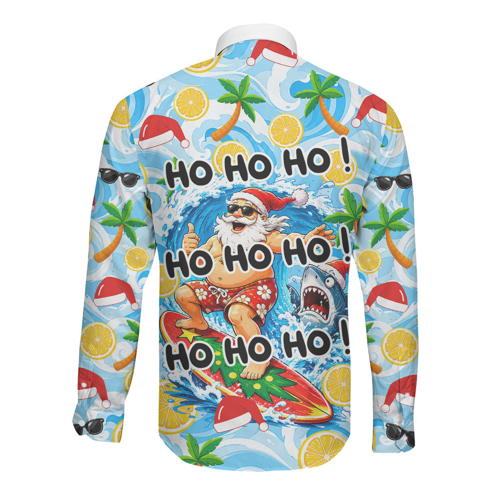 Aussie Christmas In Summer Long Sleeve Button Shirt Surfing Santa And Kangaroo - Tropical Cartoon Beach