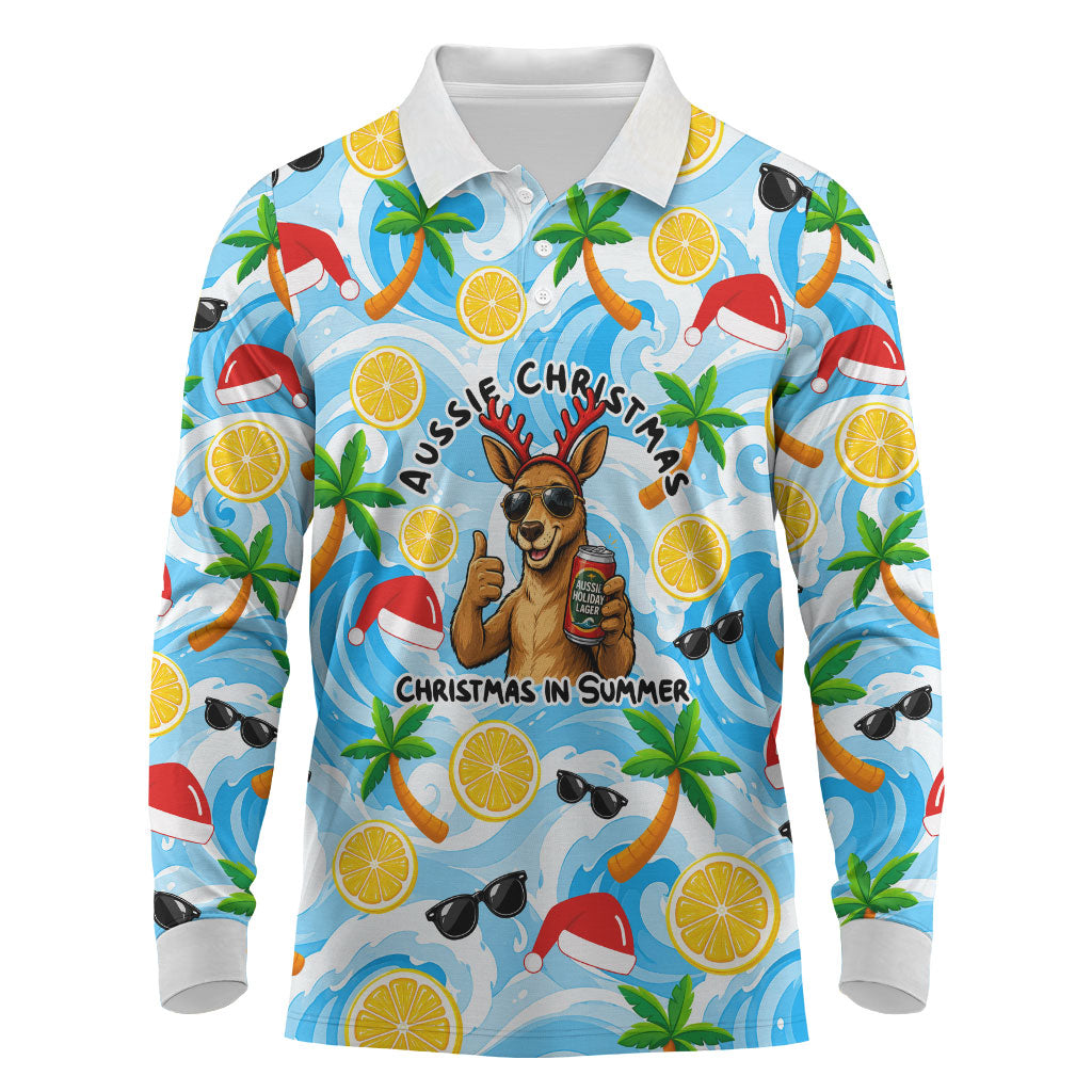 Aussie Christmas In Summer Long Sleeve Polo Shirt Surfing Santa And Kangaroo - Tropical Cartoon Beach
