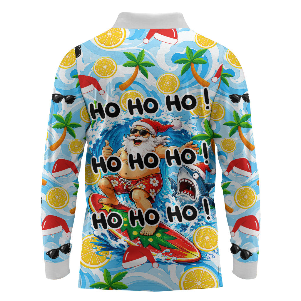 Aussie Christmas In Summer Long Sleeve Polo Shirt Surfing Santa And Kangaroo - Tropical Cartoon Beach