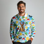 Aussie Christmas In Summer Long Sleeve Polo Shirt Surfing Santa And Kangaroo - Tropical Cartoon Beach
