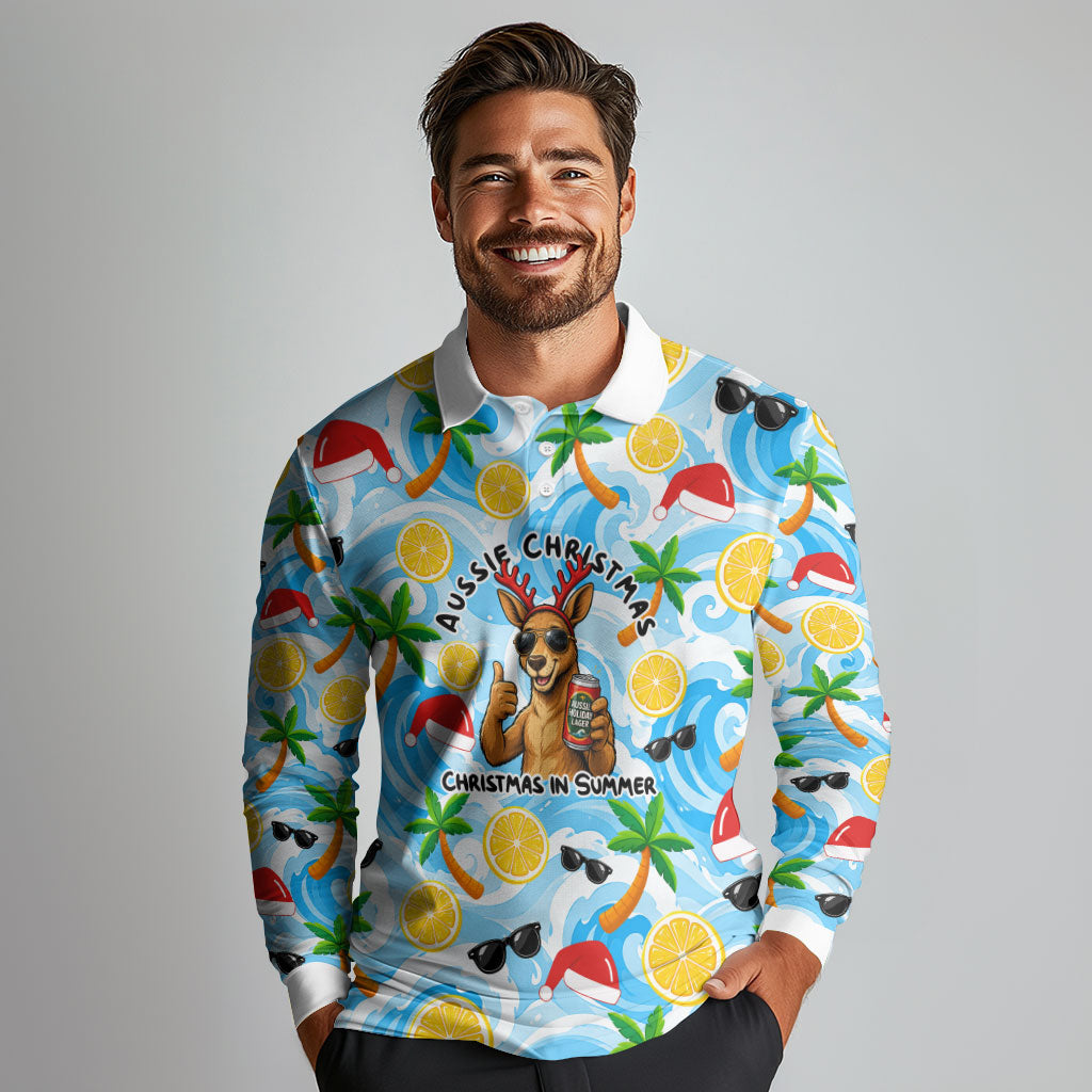Aussie Christmas In Summer Long Sleeve Polo Shirt Surfing Santa And Kangaroo - Tropical Cartoon Beach