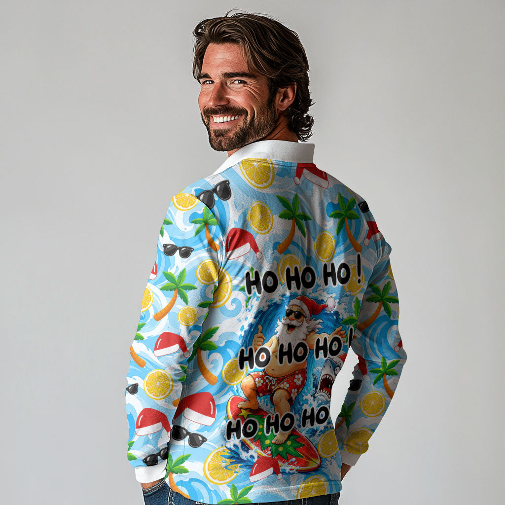 Aussie Christmas In Summer Long Sleeve Polo Shirt Surfing Santa And Kangaroo - Tropical Cartoon Beach