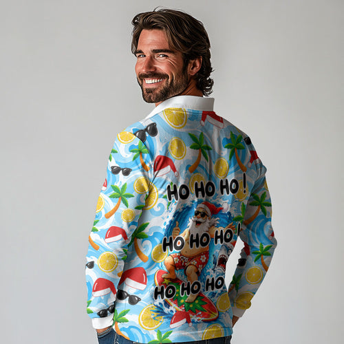 Aussie Christmas In Summer Long Sleeve Polo Shirt Surfing Santa And Kangaroo - Tropical Cartoon Beach