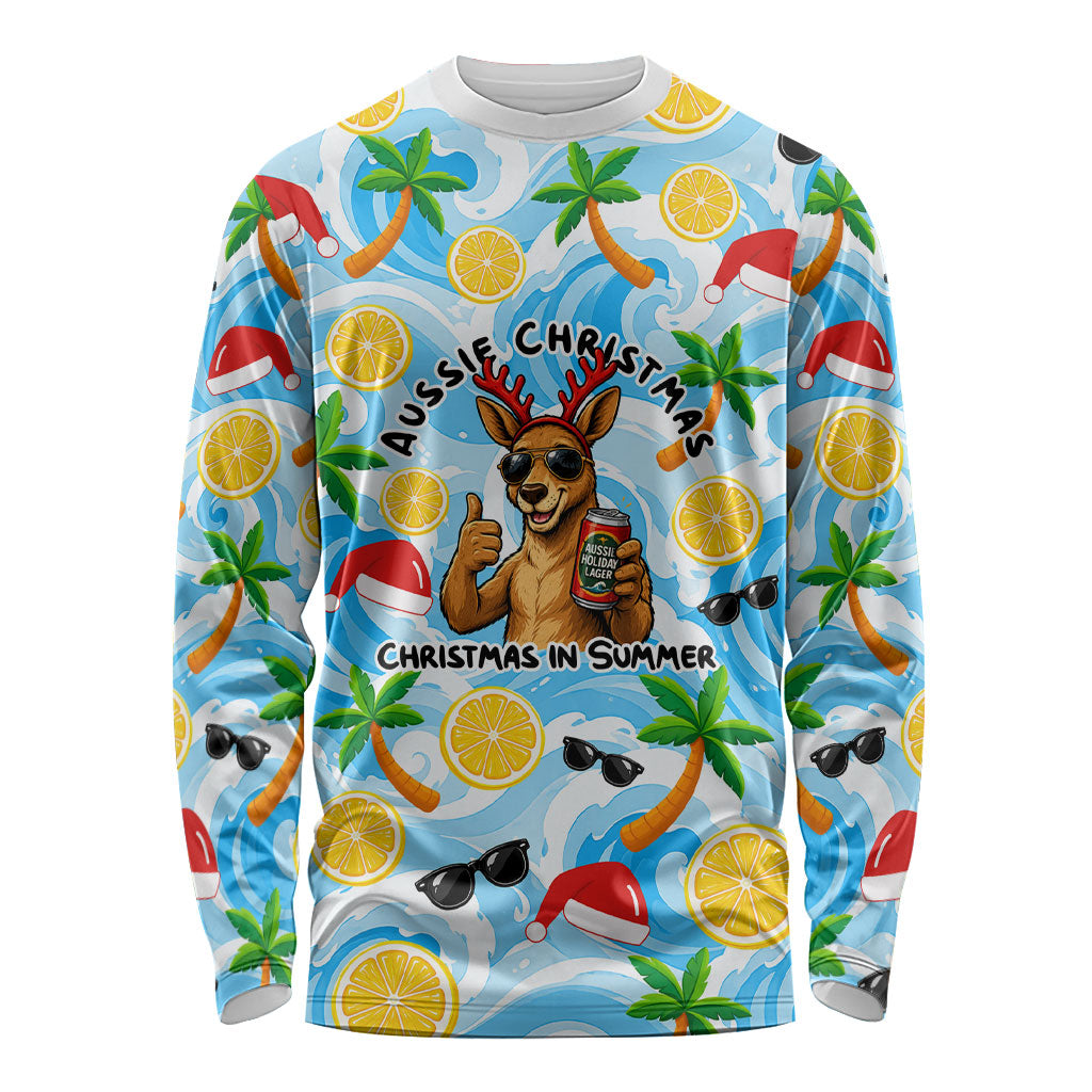 Aussie Christmas In Summer Long Sleeve Shirt Surfing Santa And Kangaroo - Tropical Cartoon Beach