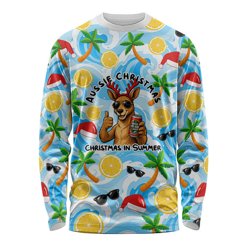 Aussie Christmas In Summer Long Sleeve Shirt Surfing Santa And Kangaroo - Tropical Cartoon Beach