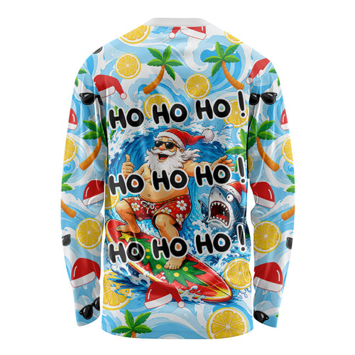 Aussie Christmas In Summer Long Sleeve Shirt Surfing Santa And Kangaroo - Tropical Cartoon Beach