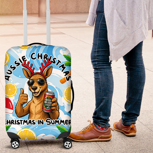 Aussie Christmas In Summer Luggage Cover Surfing Santa And Kangaroo - Tropical Cartoon Beach