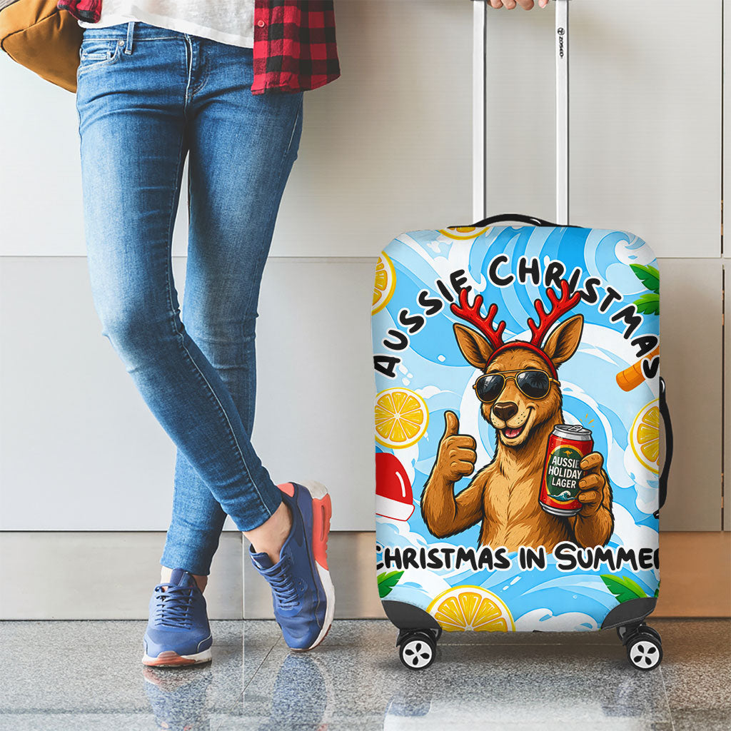 Aussie Christmas In Summer Luggage Cover Surfing Santa And Kangaroo - Tropical Cartoon Beach