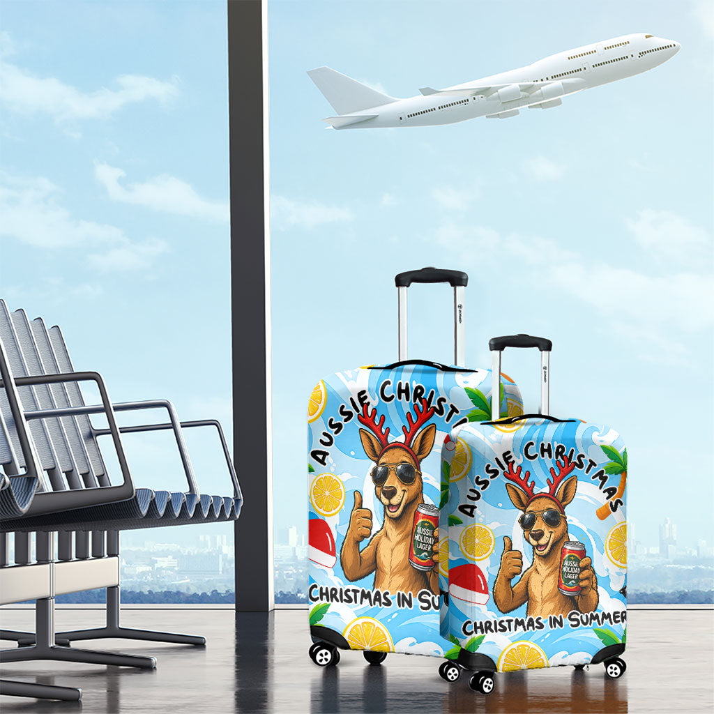 Aussie Christmas In Summer Luggage Cover Surfing Santa And Kangaroo - Tropical Cartoon Beach