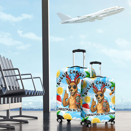 Aussie Christmas In Summer Luggage Cover Surfing Santa And Kangaroo - Tropical Cartoon Beach